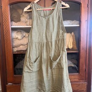 Sleeveless Olive Green Linen Pocket Dress